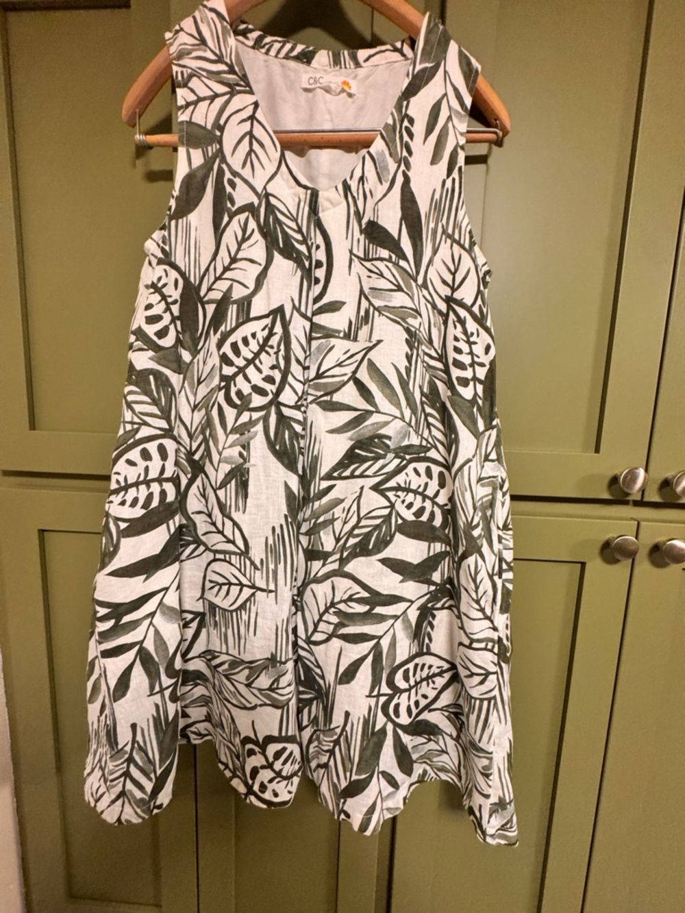 C&C California White Linen Dress with Olive Green Leaf Print